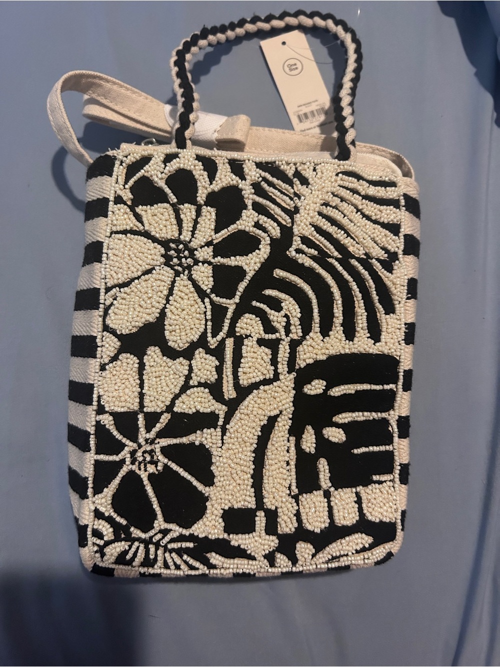 Beaded Floral & Stripe Tote Bag - Black & Cream Crossbody Bag - Picture 5 of 8